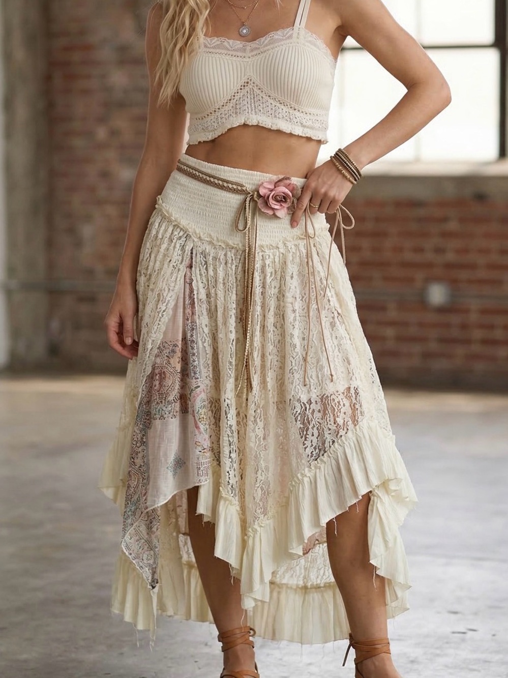 NWT POL Boho Festival Romantic Lace Contrast Print Asymmetrical Maxi Midi Skirt - Picture 11 of 11